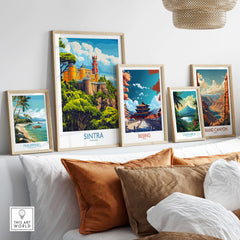 Sintra Portugal Pena Palace Art Print | Castle Poster showcased in a stylish home decor setting with other travel posters.