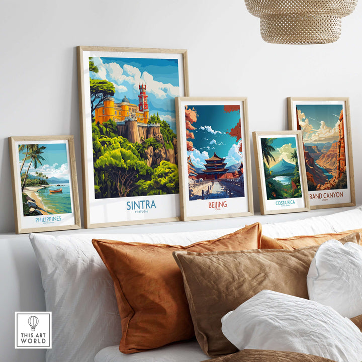 Sintra Portugal Pena Palace Art Print | Castle Poster displayed among travel art prints in a stylish living room setting.