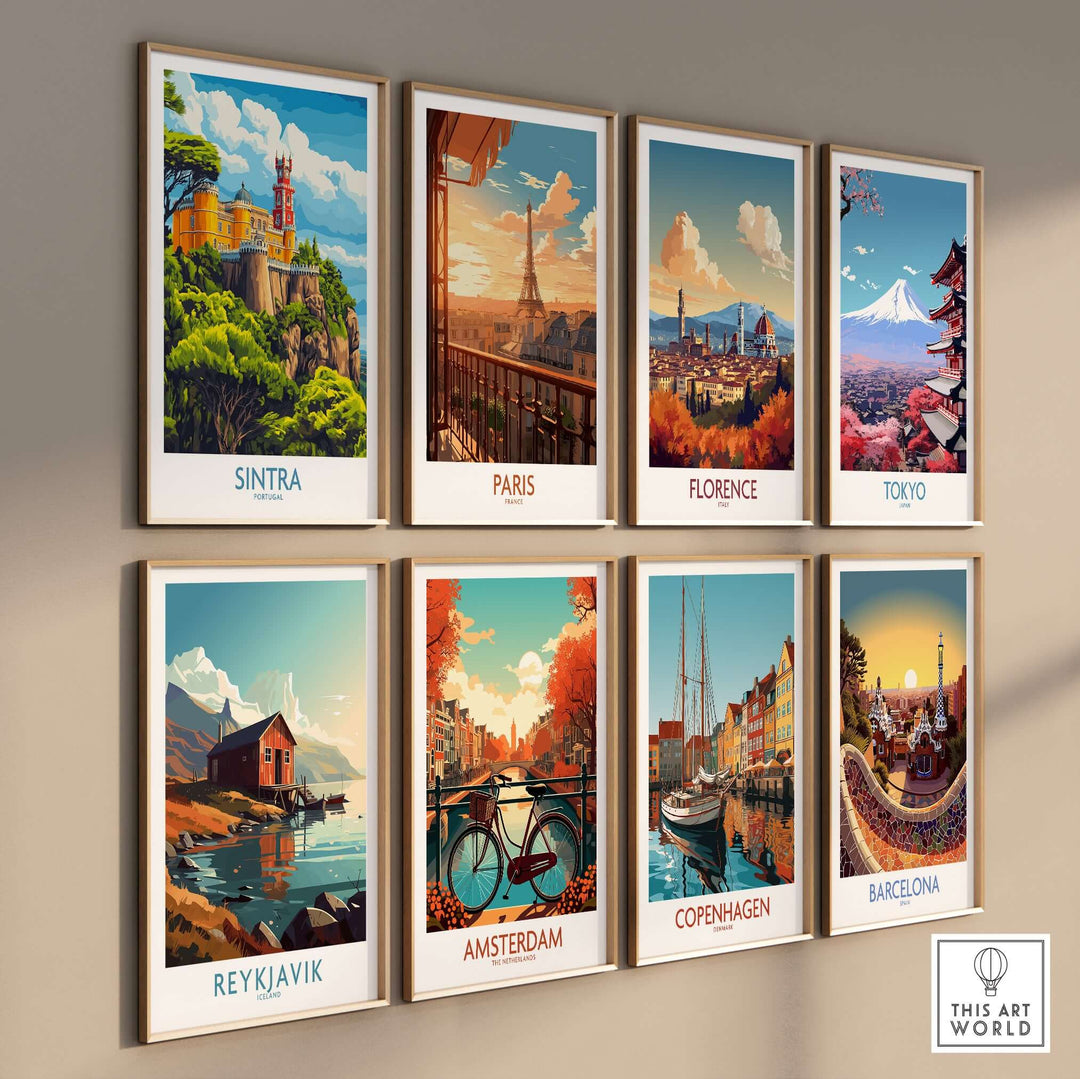Sintra Portugal Pena Palace Art Print | Castle Poster showcased among various iconic city art prints on a wall.