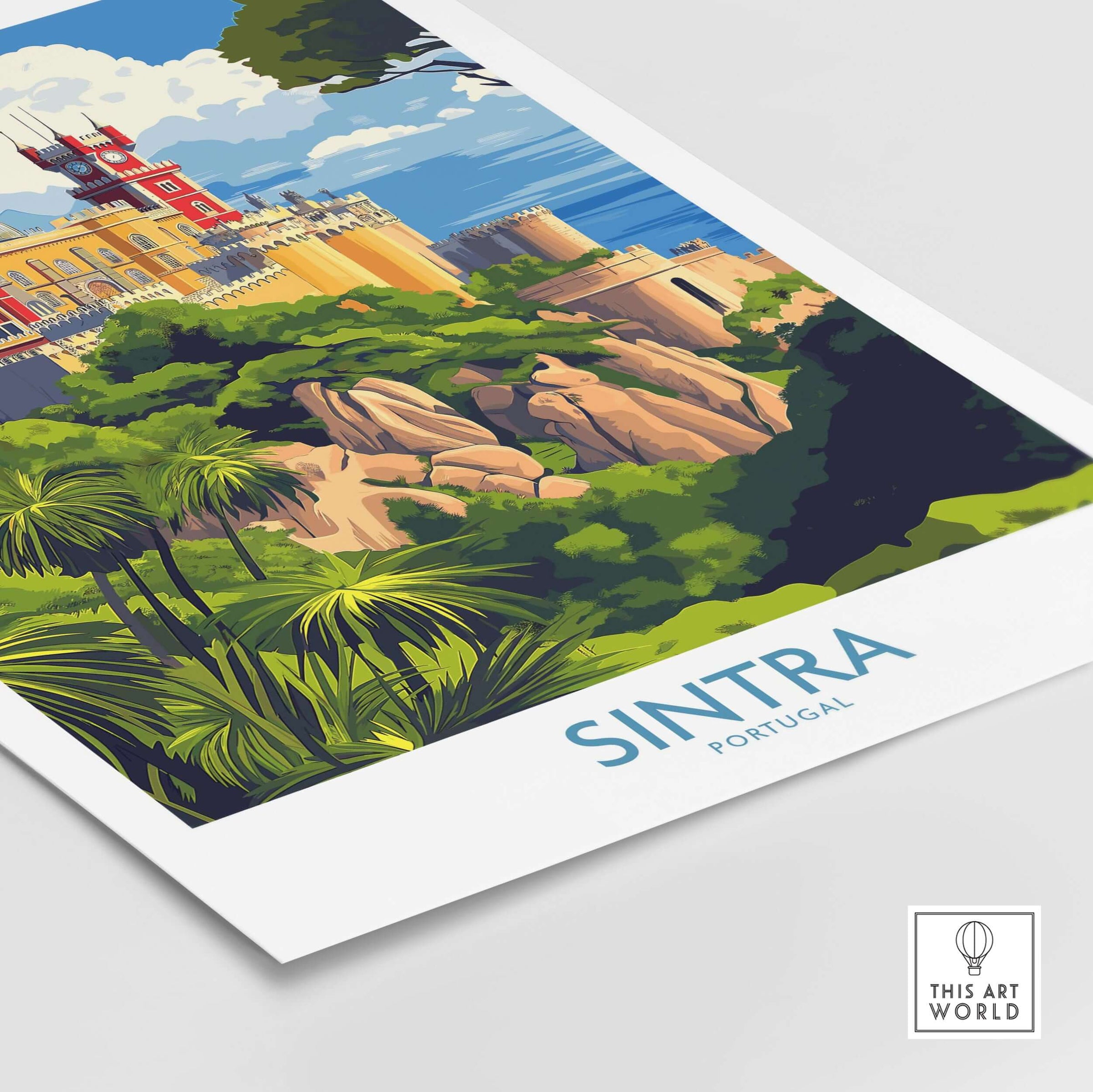 Sintra Portugal Pena Palace Art Print | Colorful Castle Poster showcasing vibrant design and lush landscapes.
