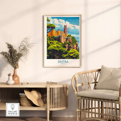 Sintra Portugal Pena Palace Art Print | Castle Poster displayed in a stylish living room setting.