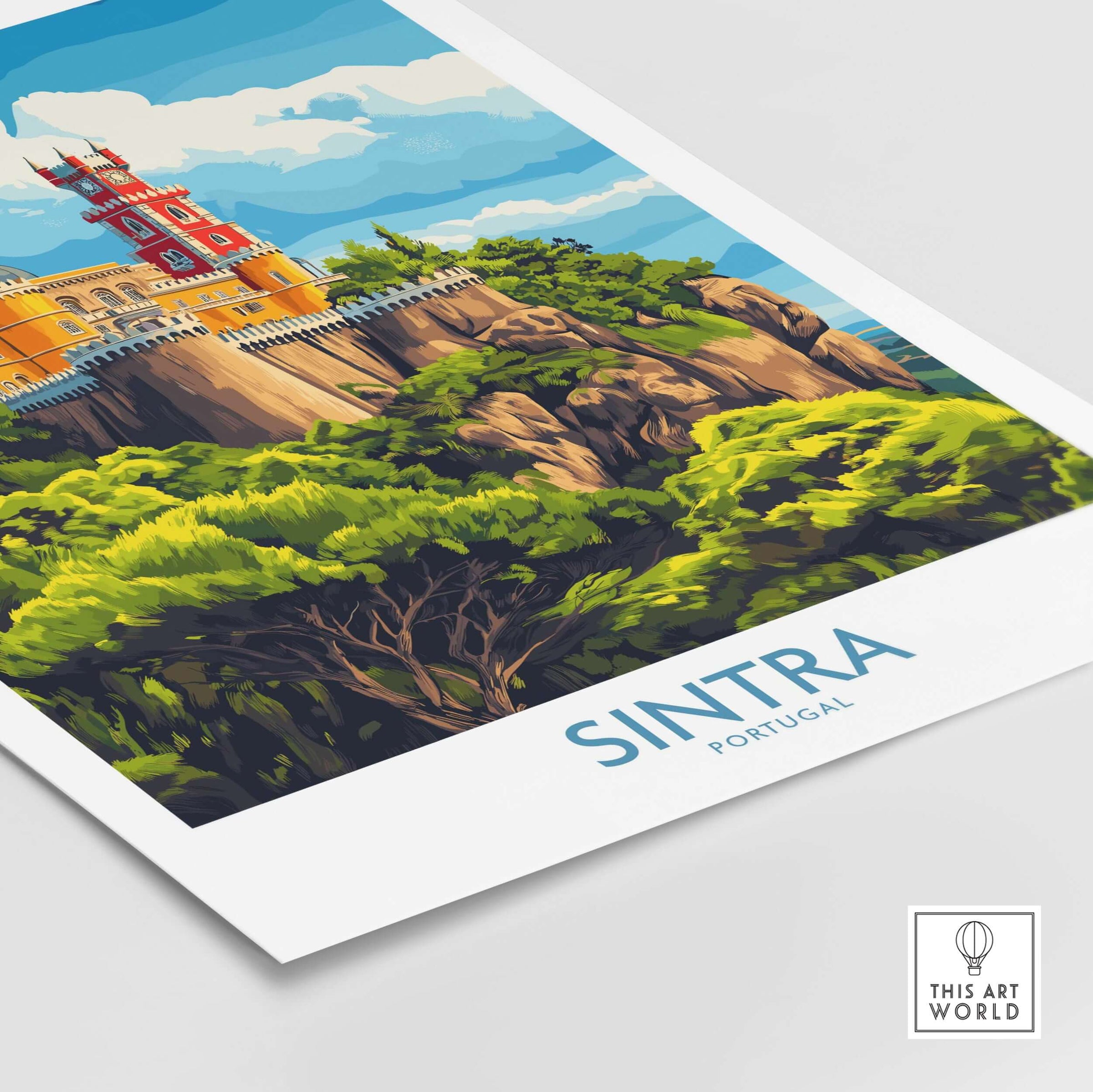 Sintra Portugal Pena Palace Art Print | Castle Poster featuring colorful architecture against lush landscapes.