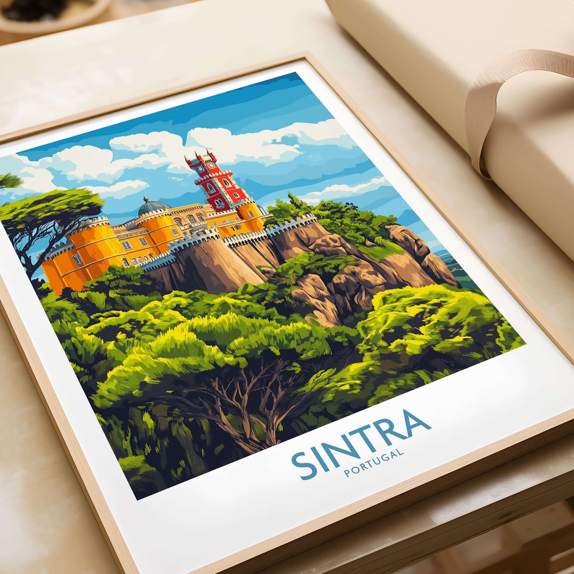 Sintra Portugal Pena Palace Art Print | Castle Poster showcasing vibrant architecture and lush landscapes.
