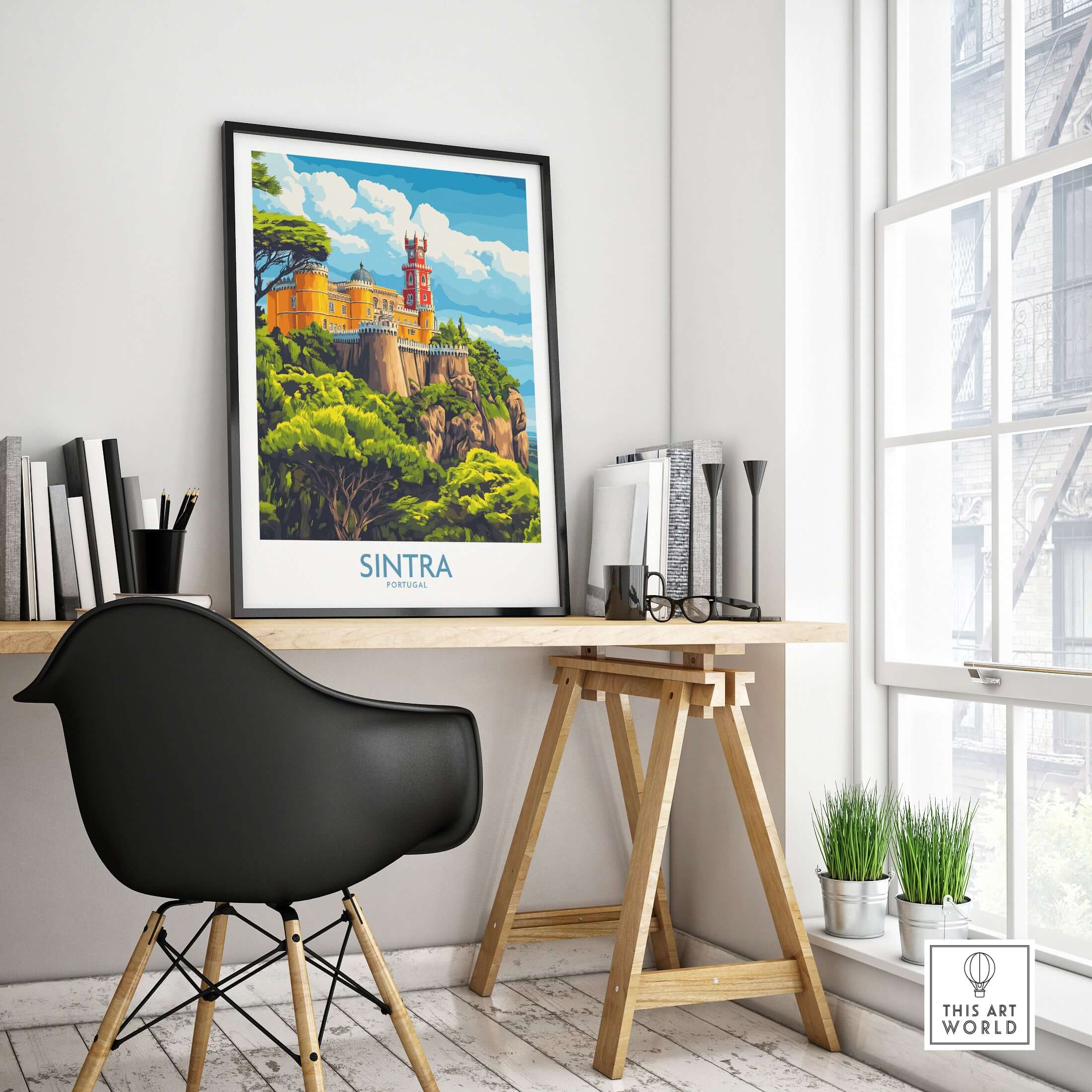Sintra Portugal Pena Palace Art Print | Castle Poster displayed in a modern office setting with desk and chair.