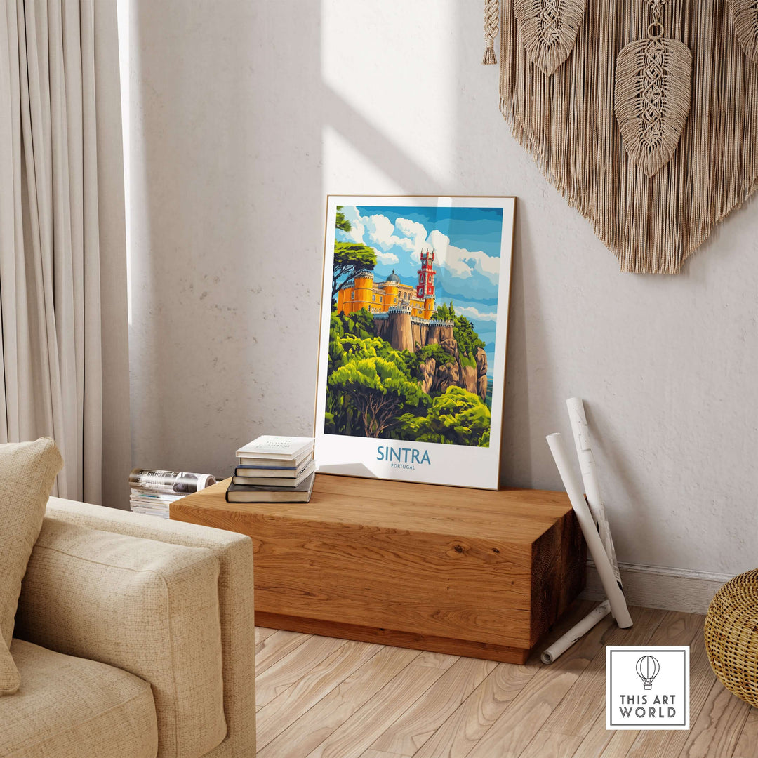 Sintra Portugal Pena Palace Art Print | Castle Poster displayed in a cozy room with wooden decor.