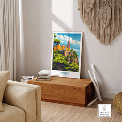 Sintra Portugal Pena Palace Art Print | Castle Poster displayed in a stylish living room setting.