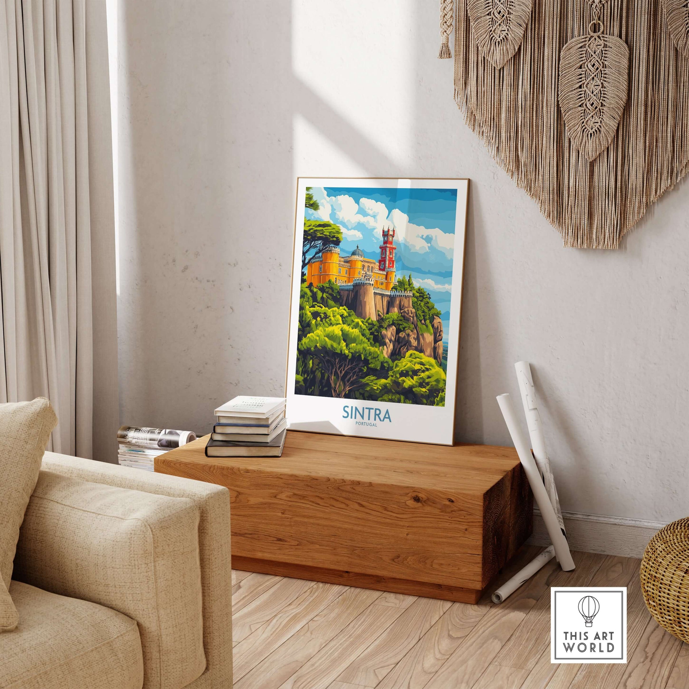 Sintra Portugal Pena Palace Art Print | Castle Poster displayed in a stylish living room setting.