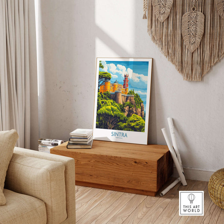 Sintra Portugal Pena Palace Art Print | Castle Poster displayed in a cozy room with wooden decor.