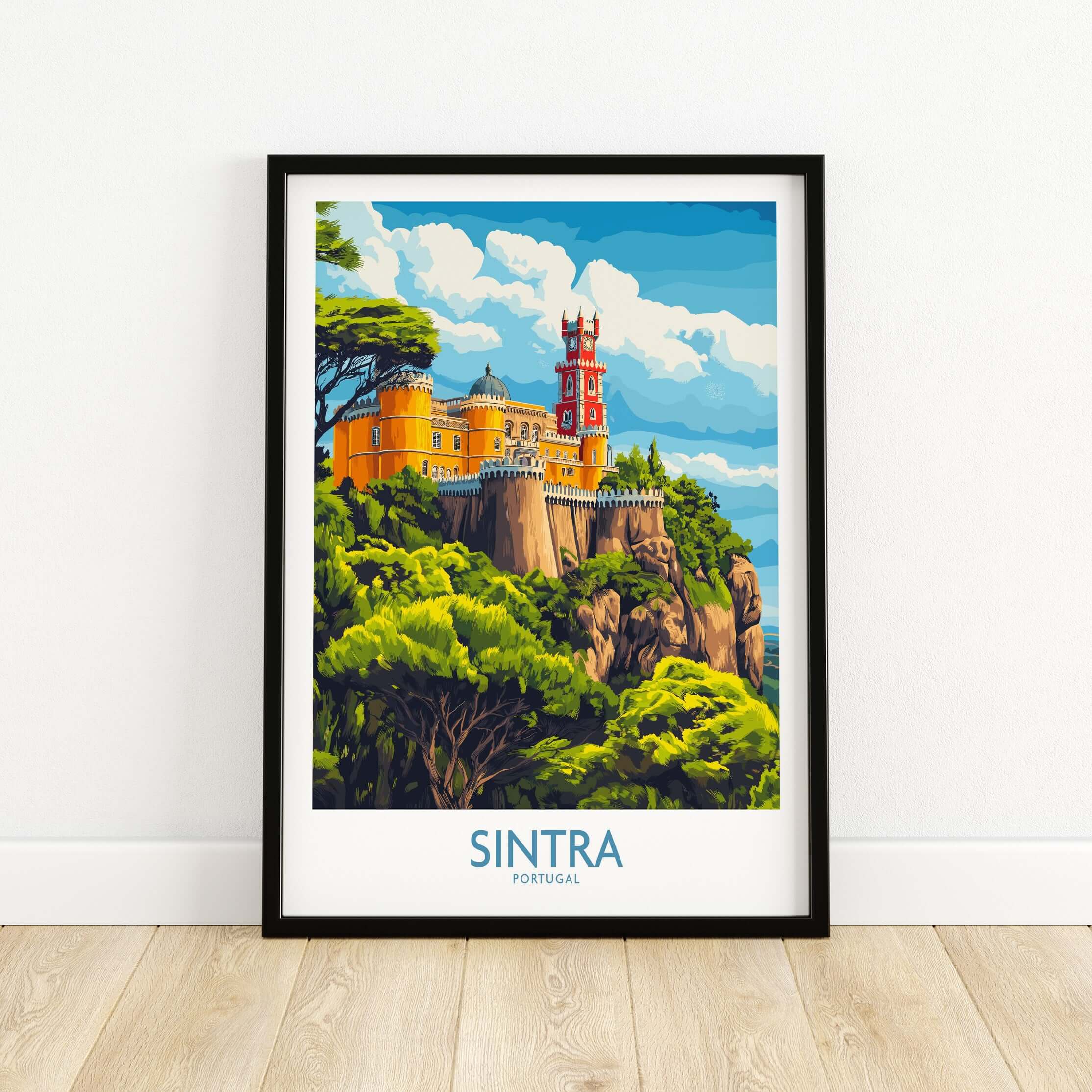 Sintra Portugal Pena Palace Art Print | Castle Poster featuring vibrant colors and scenic landscape.