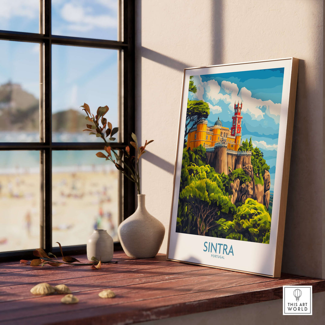 Sintra Portugal Pena Palace Art Print | Castle Poster displayed in a cozy room with beach view
