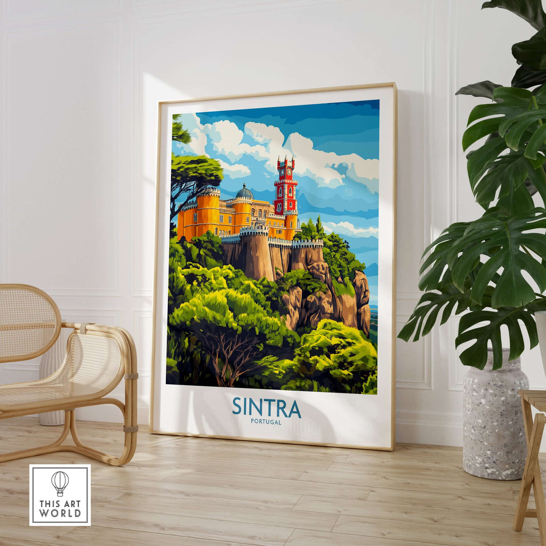 Sintra Portugal Pena Palace Art Print | Castle Poster displayed in a stylish interior with lush greenery.