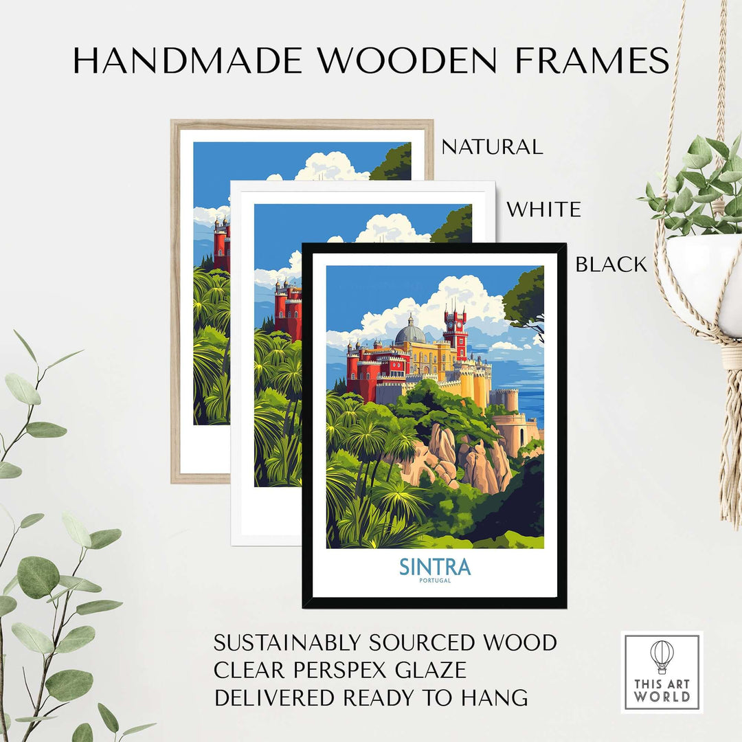 Handmade wooden frames in natural, white, and black for Sintra Portugal Pena Palace Art Print | Colorful Castle Poster.