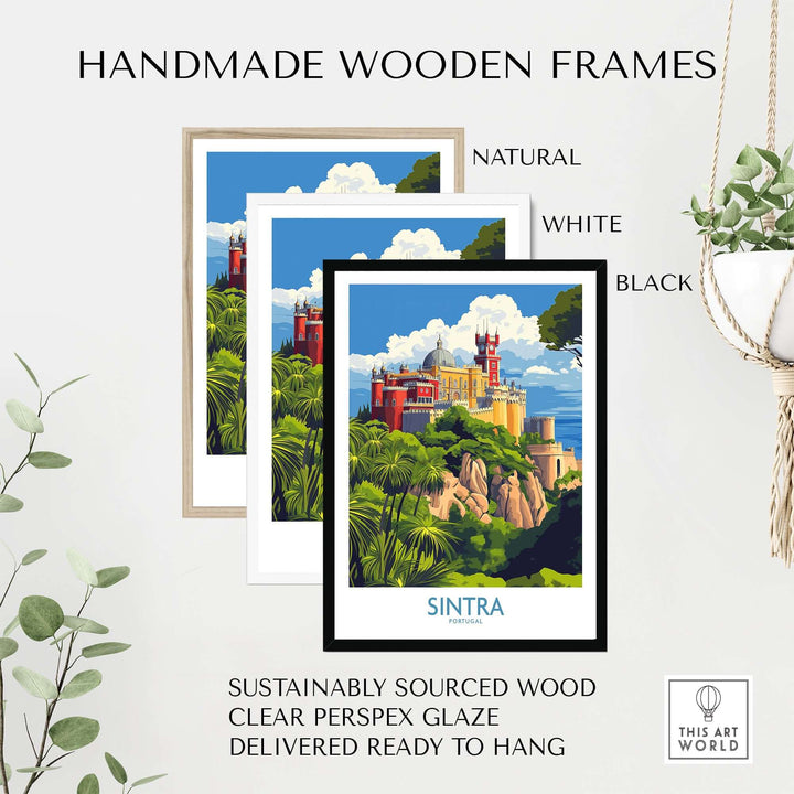 Handmade wooden frames in natural, white, and black for Sintra Portugal Pena Palace Art Print | Colorful Castle Poster.