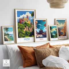 Sintra Portugal Pena Palace Art Print | Colorful Castle Poster displayed among global art prints in a cozy living room setting.