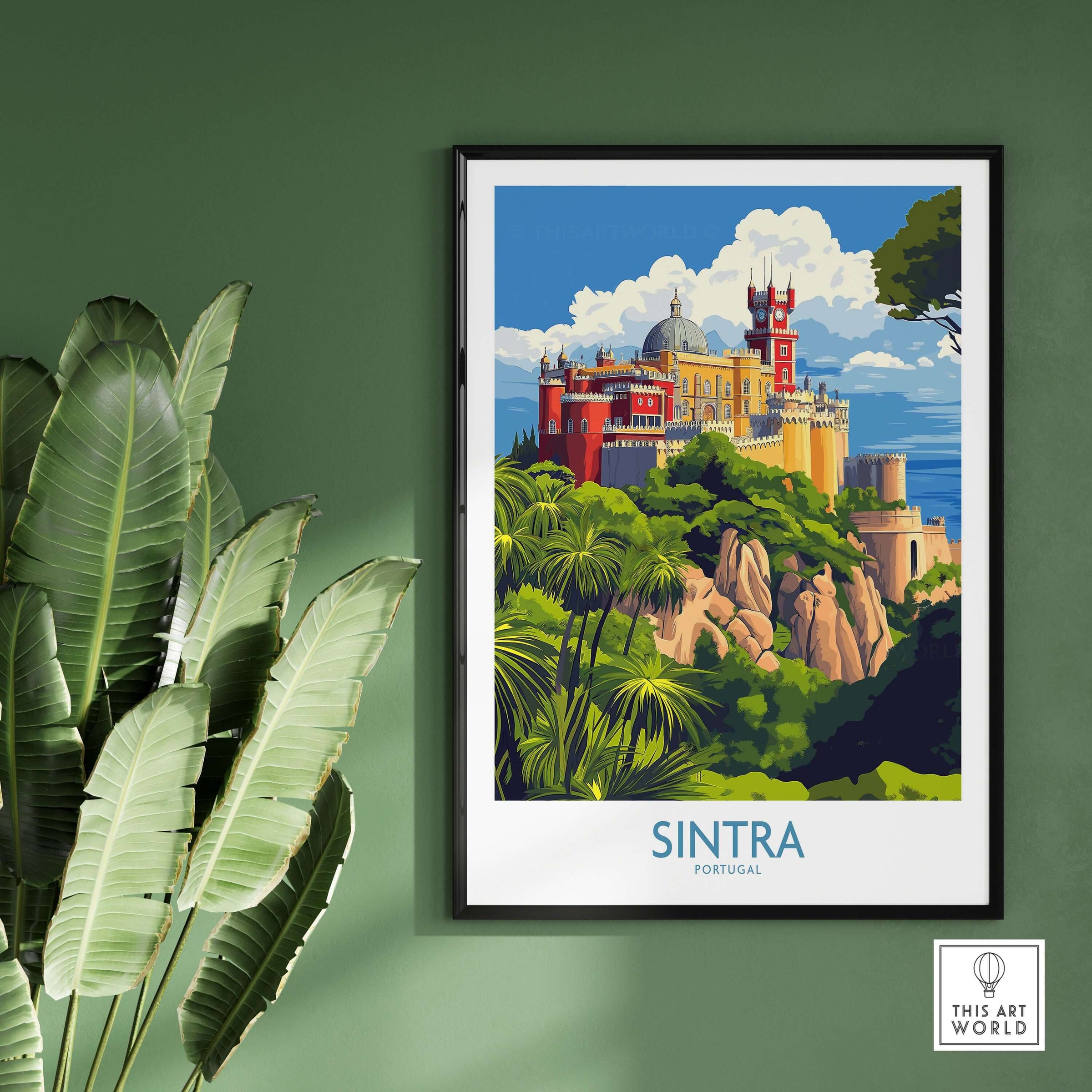 Sintra Portugal Pena Palace Art Print | Colorful Castle Poster - Vibrant art print of Pena Palace surrounded by lush greenery.