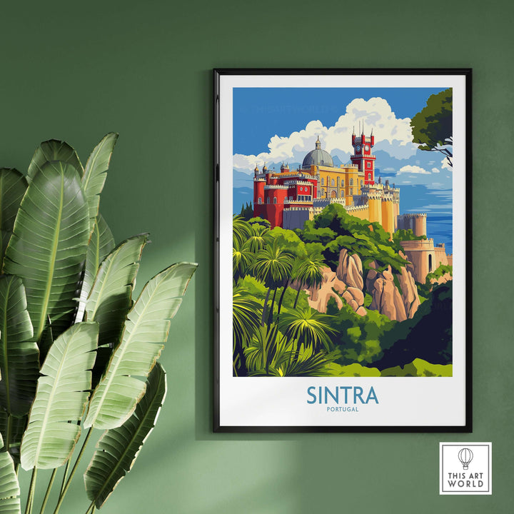Sintra Portugal Pena Palace Art Print | Colorful Castle Poster featuring vibrant colors and lush surroundings.
