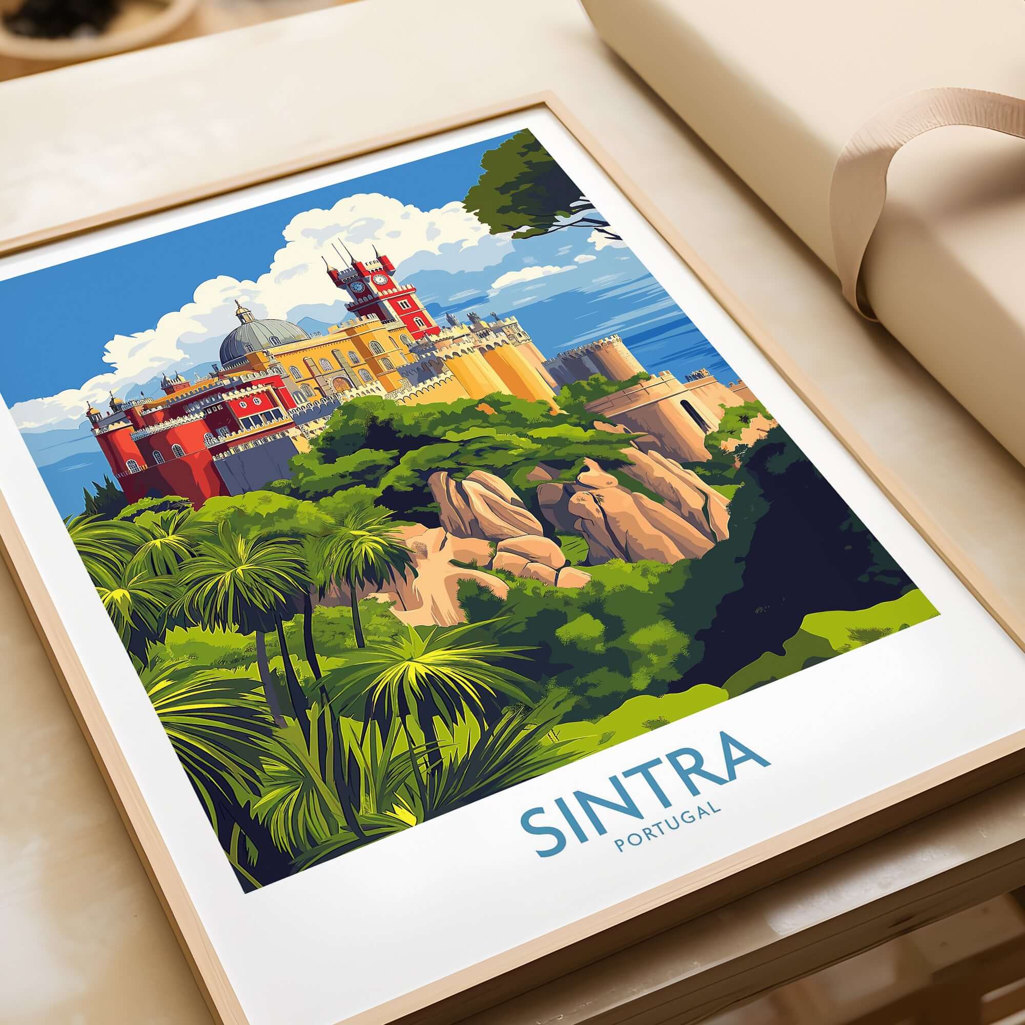 Sintra Portugal Pena Palace Art Print | Colorful Castle Poster showcased in a stylish frame against a neutral background.