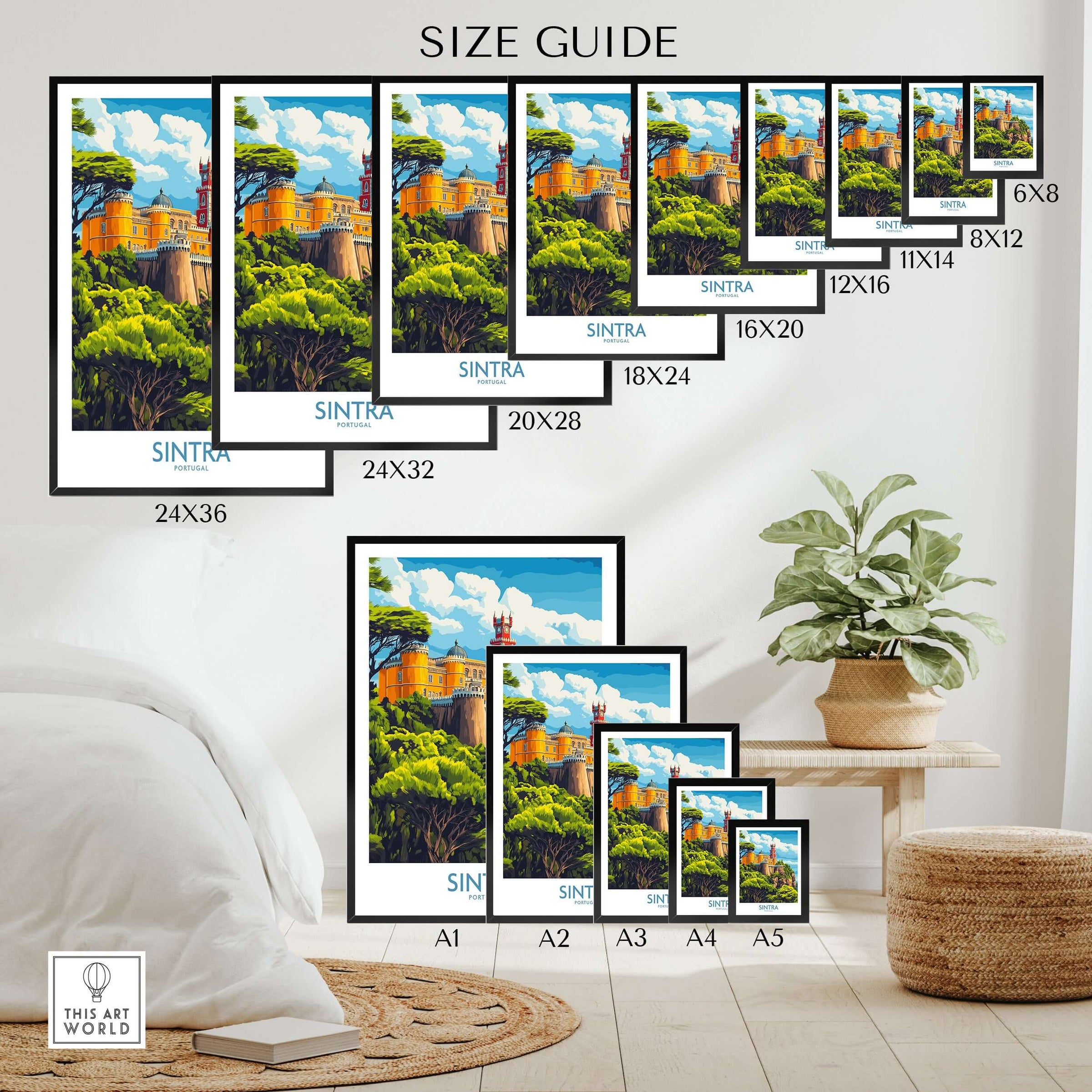 Sintra Portugal Pena Palace Art Print | Castle Poster size guide with various frame sizes displayed.