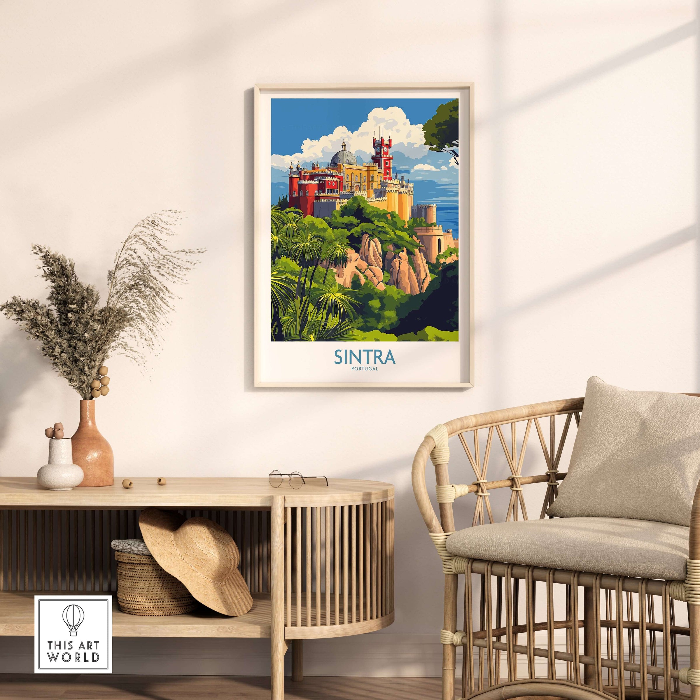 Sintra Portugal Pena Palace Art Print | Colorful Castle Poster displayed in a stylish living room setting.