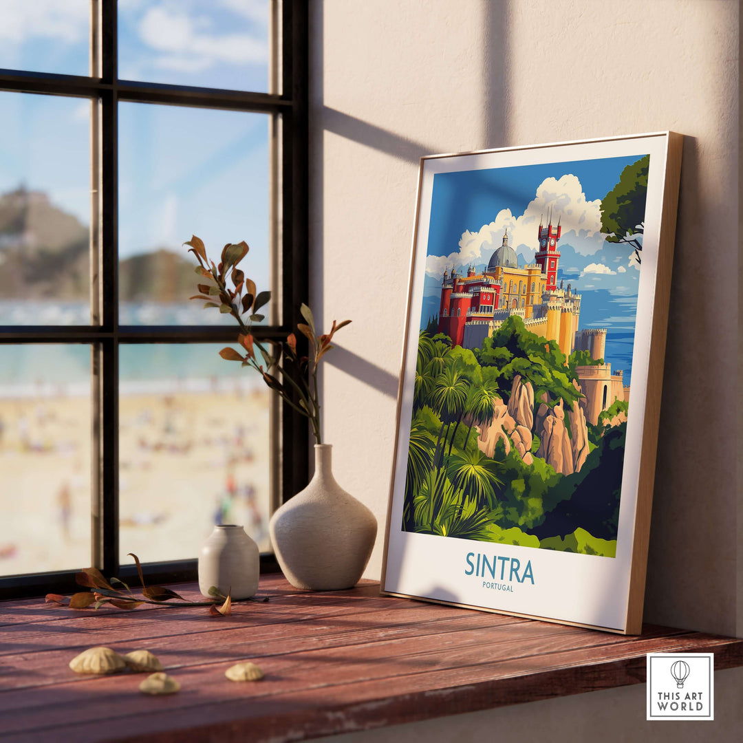 Sintra Portugal Pena Palace Art Print | Colorful Castle Poster displayed in a cozy interior with beach view.