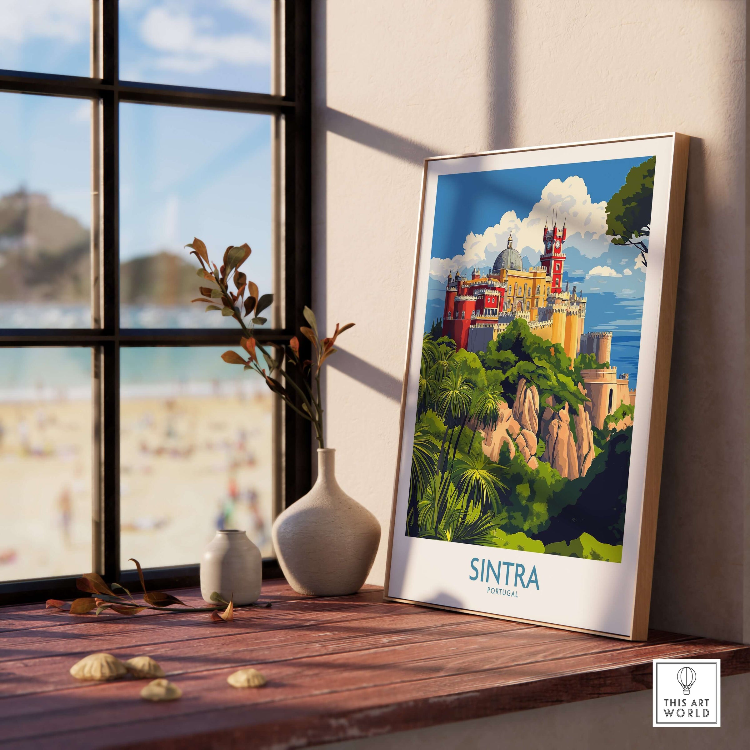 Sintra Portugal Pena Palace Art Print | Colorful Castle Poster displayed in a stylish interior with beach view.