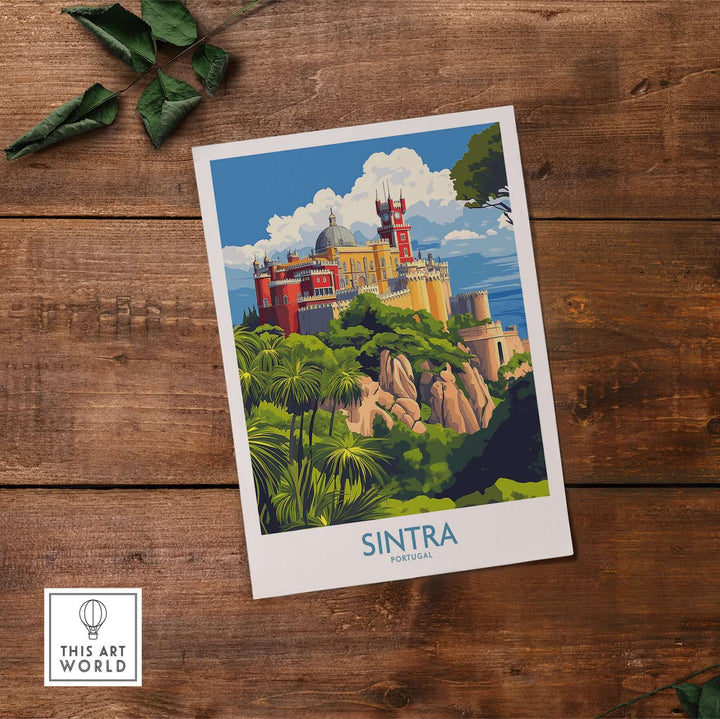 Sintra Portugal Pena Palace Art Print | Colorful Castle Poster featuring vibrant colors and intricate design on a wooden background.