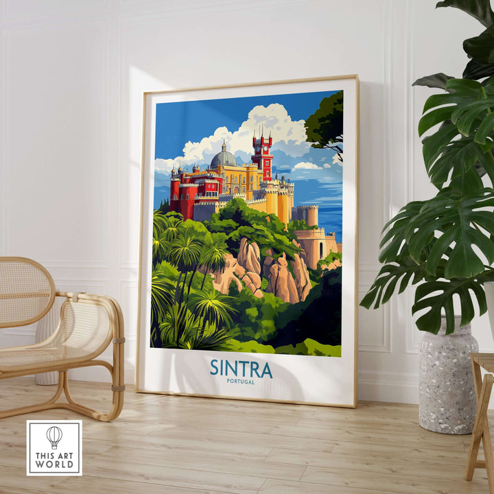 Sintra Portugal Pena Palace Art Print | Colorful Castle Poster displayed in a chic interior with plants.