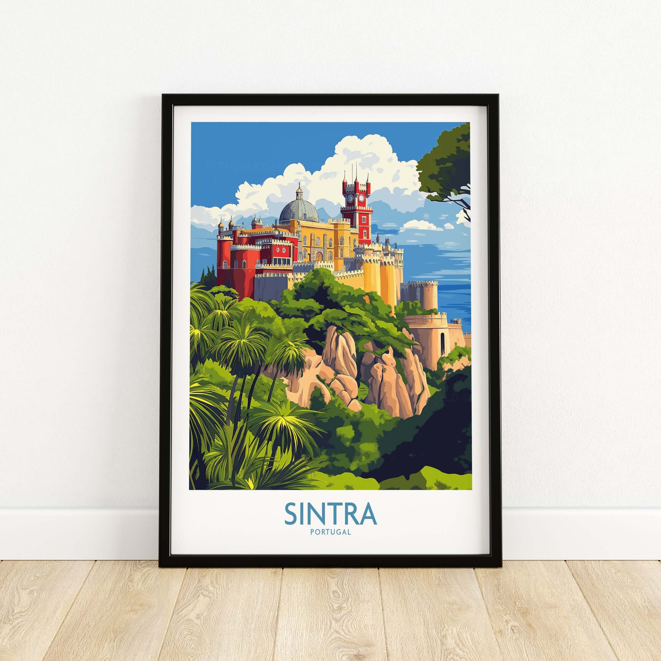 Sintra Portugal Pena Palace Art Print | Colorful Castle Poster vibrant art print of Pena Palace in Sintra, Portugal with lush greenery.
