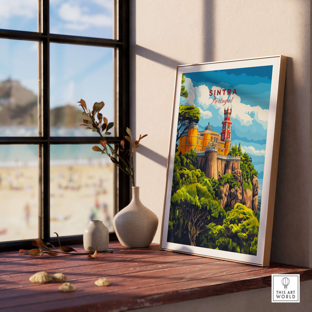 Sintra Print | Portugal Travel Wall Decor showcased in a stylish frame on a wooden table near a bright window.