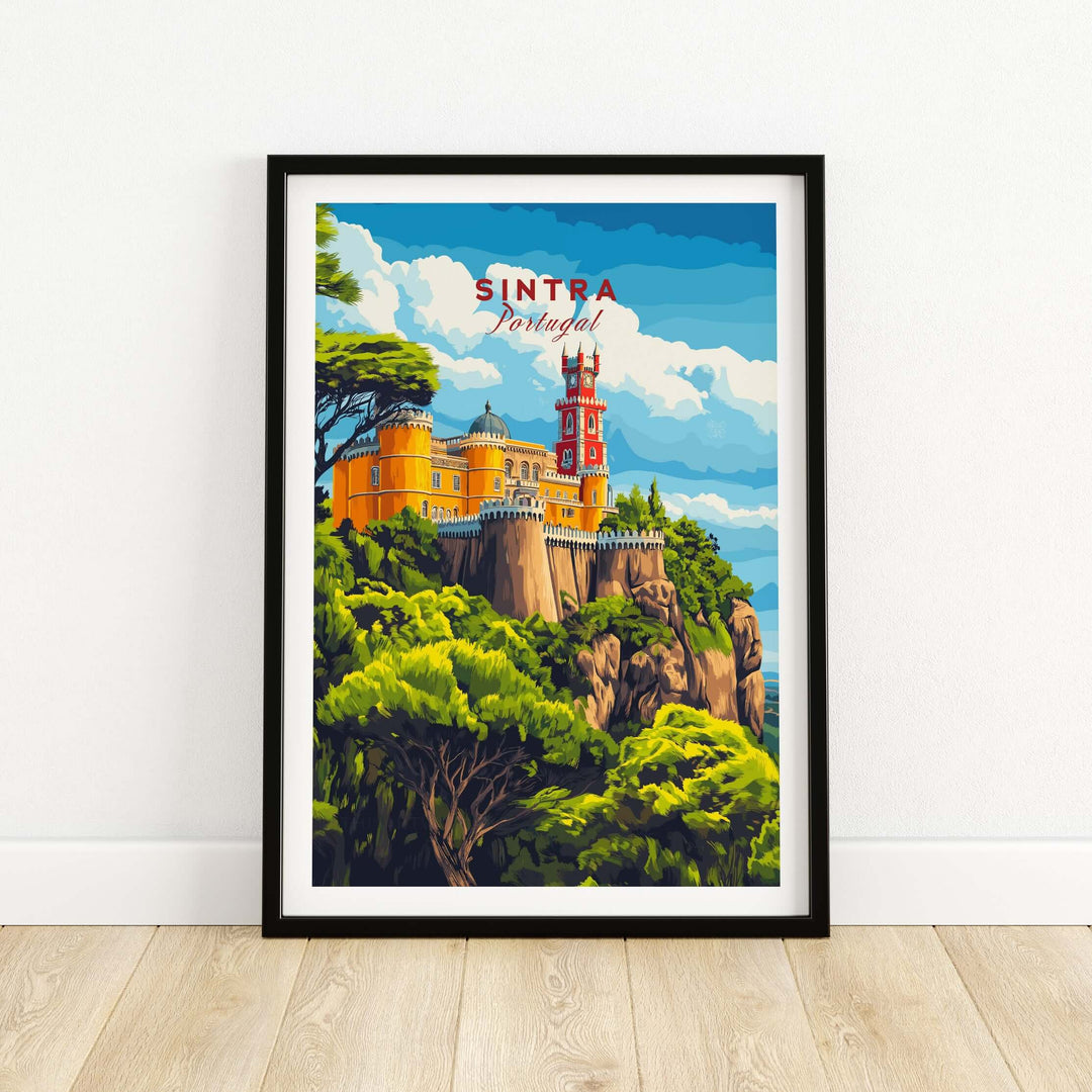 Sintra Print | Portugal Travel Wall Decor featuring a colorful illustration of Sintra's historic palaces.