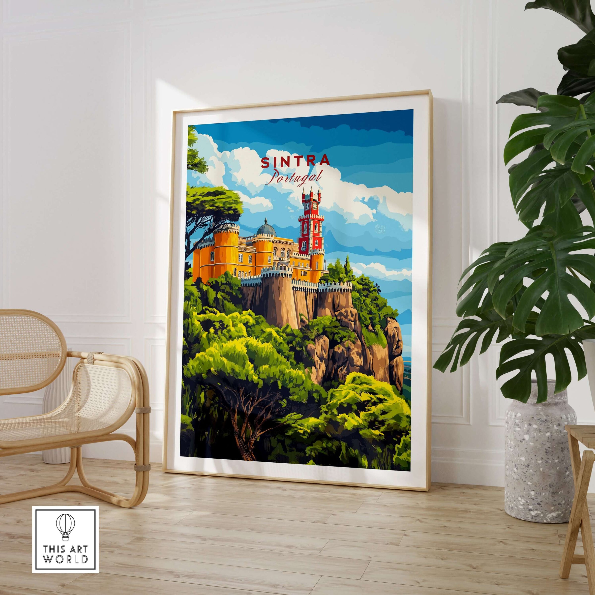 Sintra Print | Portugal Travel Wall Decor featuring a colorful illustration of palaces and lush landscapes.