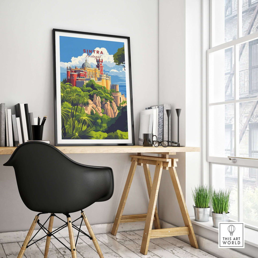 Sintra Poster | Portugal Print Pena Palace displayed in a modern home office setting with vibrant colors and unique architecture.
