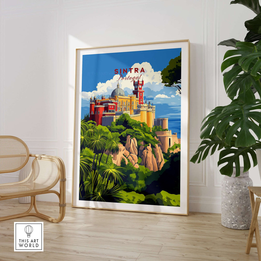 Sintra Poster | Portugal Print Pena Palace in a stylish living room with plants and modern furniture.