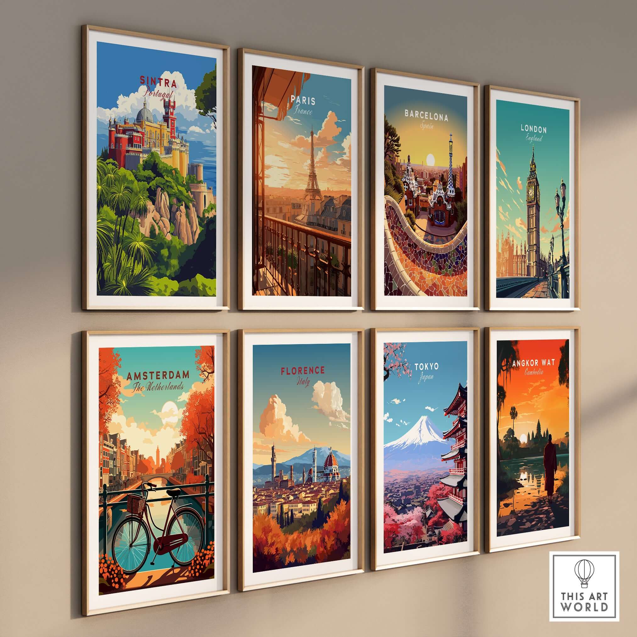 Sintra Poster | Portugal Print Pena Palace among various iconic city prints on wall, showcasing vibrant travel art.