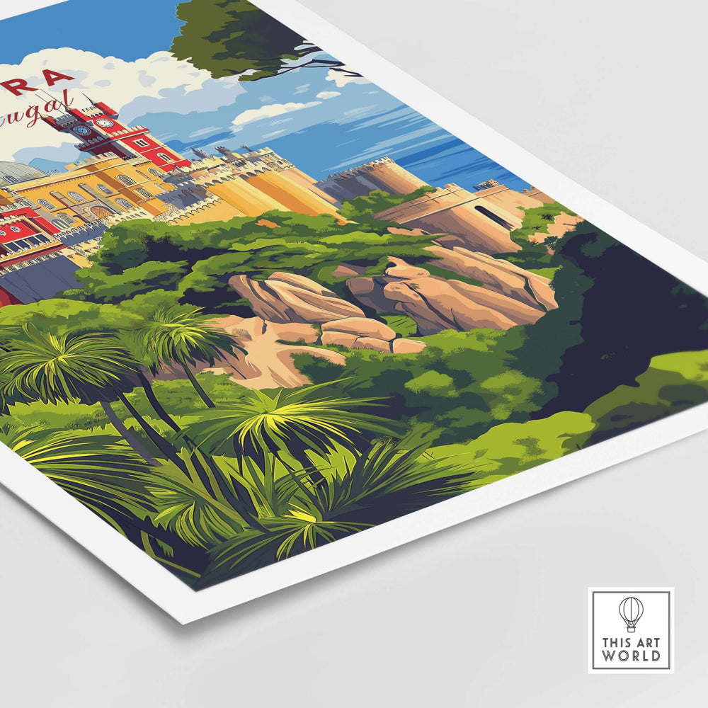 Sintra Poster | Portugal Print Pena Palace showcasing vibrant colors and unique architecture with lush greenery.