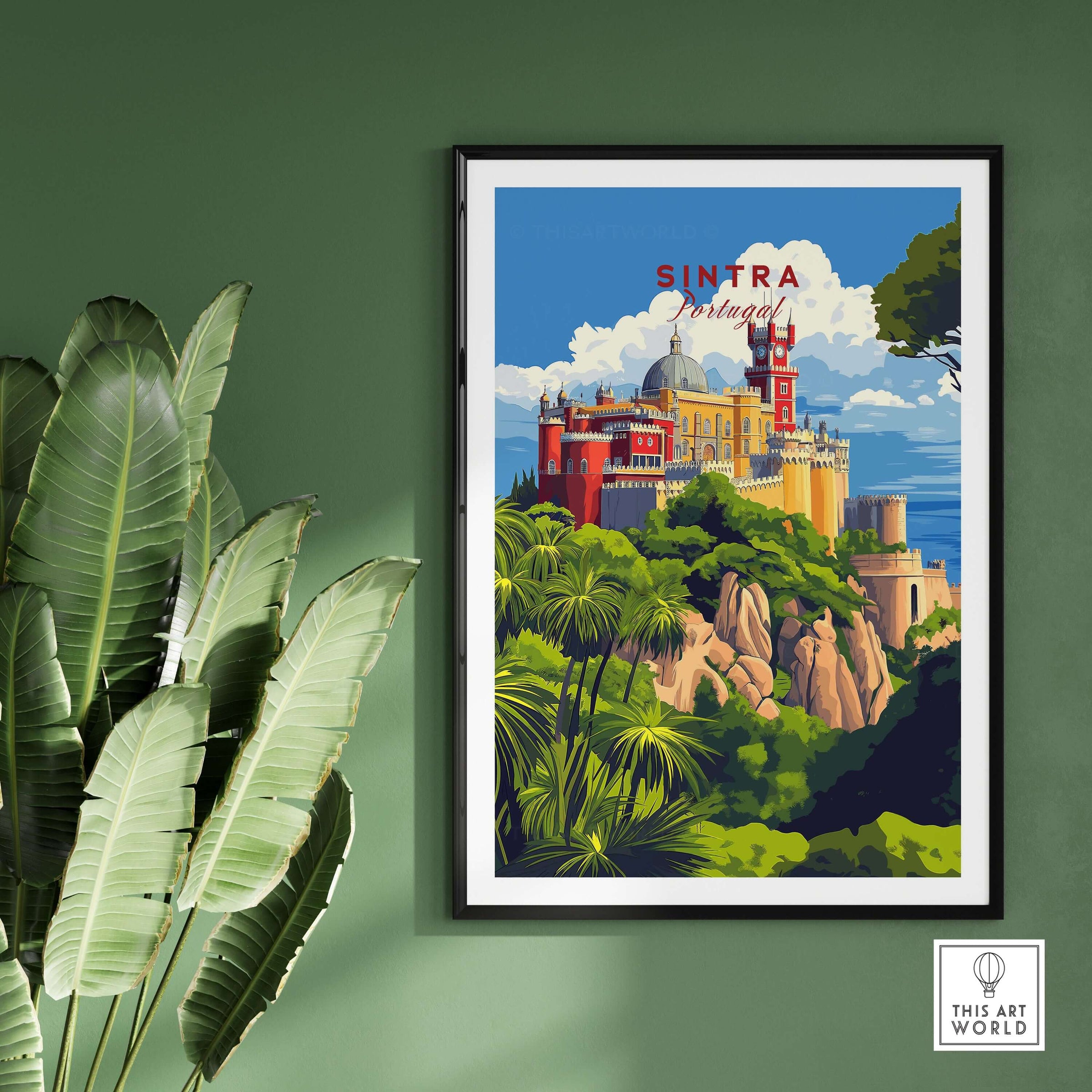 Sintra Poster | Portugal Print Pena Palace showcasing vibrant colors and unique architecture on a green wall.
