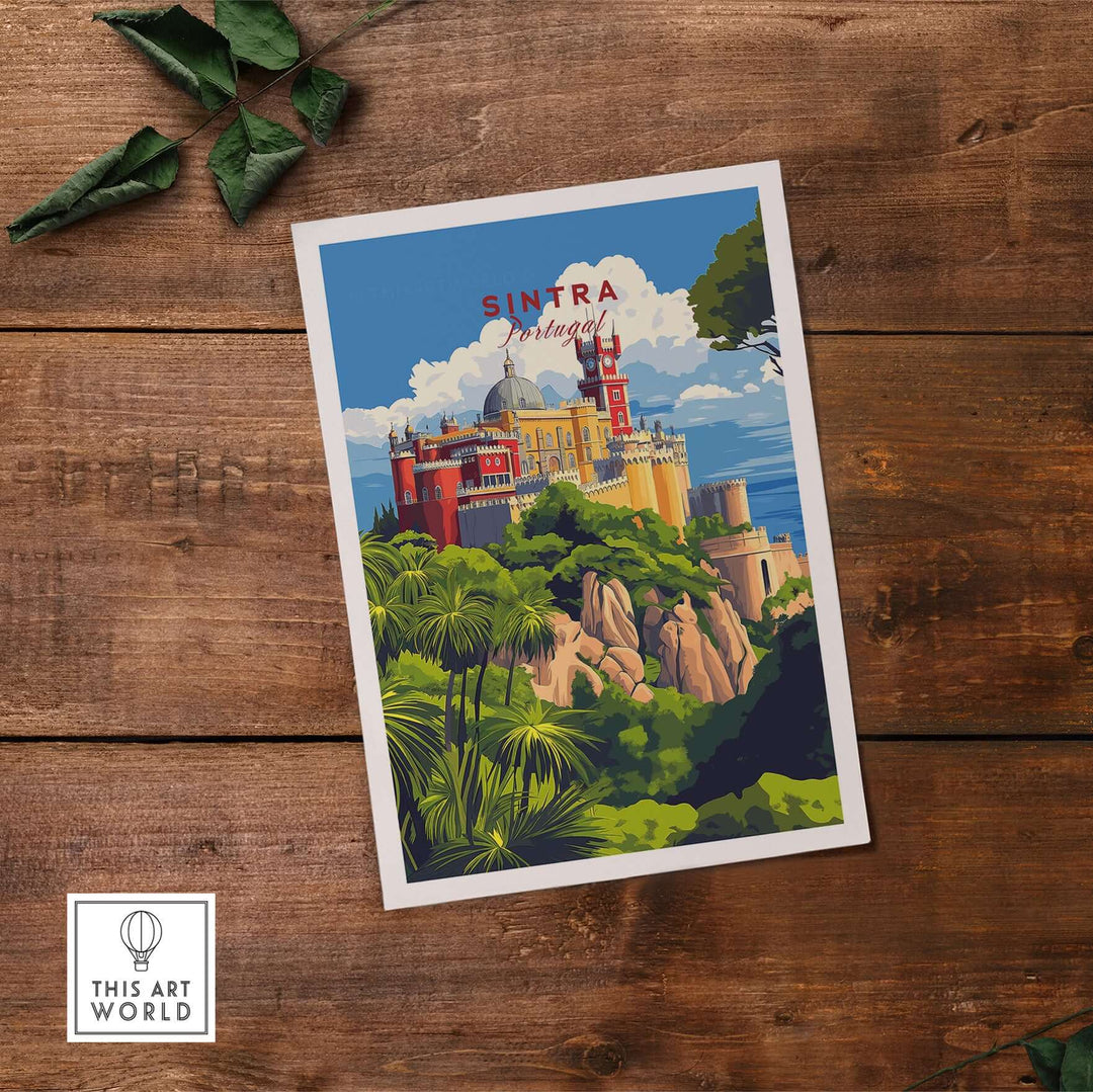 Sintra Poster | Portugal Print Pena Palace showcasing vibrant colors and unique architecture on a wooden background.