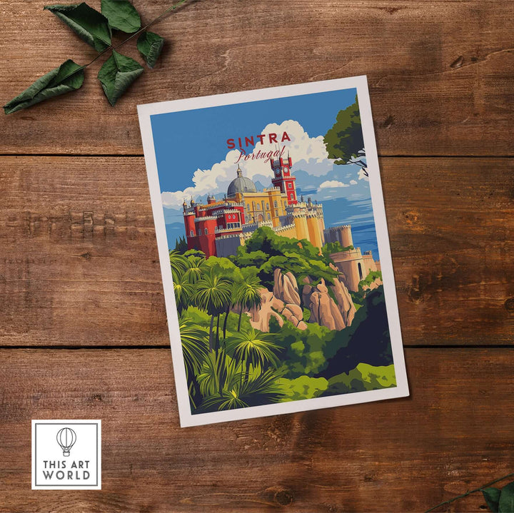 Sintra Poster | Portugal Print Pena Palace showcasing vibrant colors and unique architecture on a wooden background.