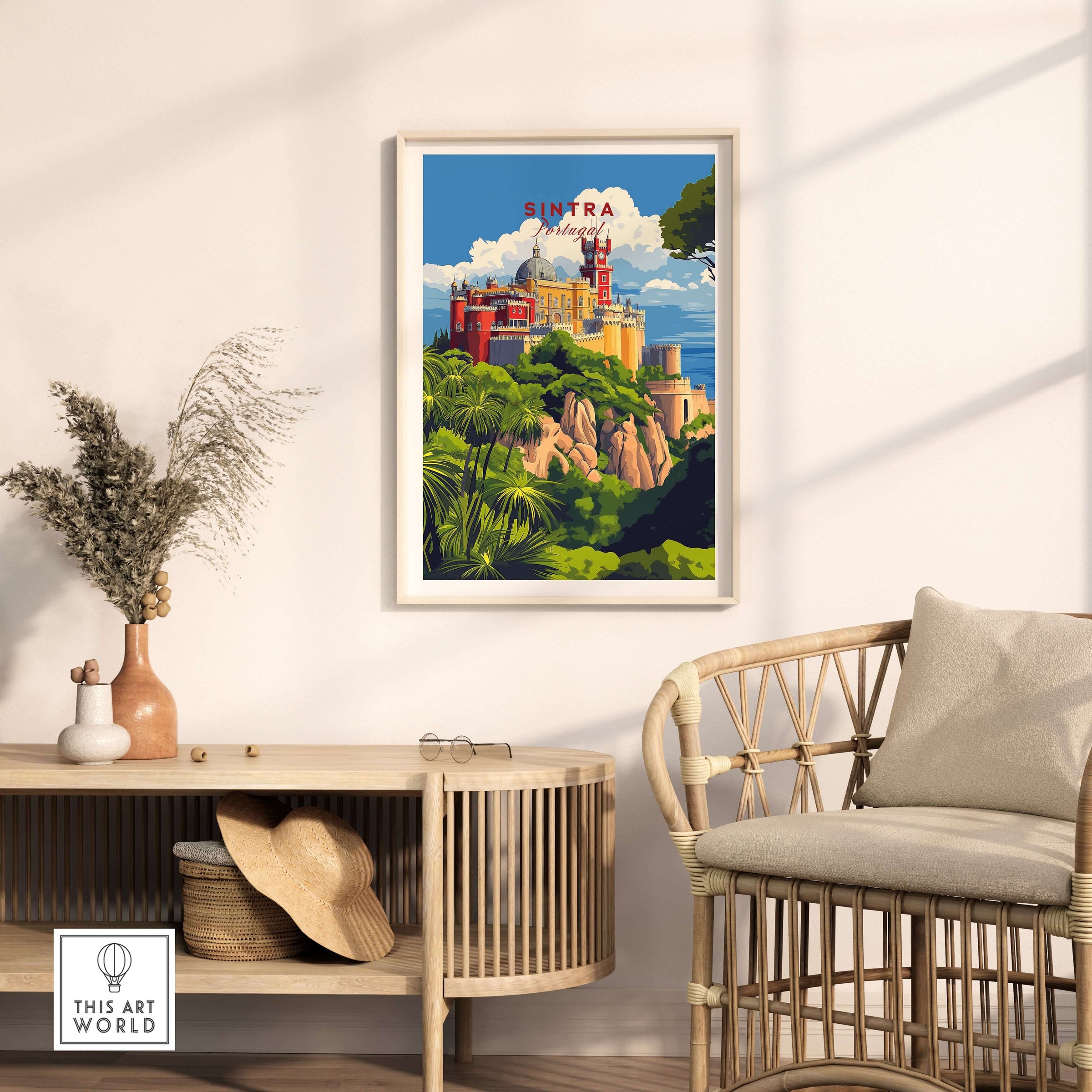 Sintra Poster | Portugal Print Pena Palace displayed in a stylish home decor setting with vibrant colors.