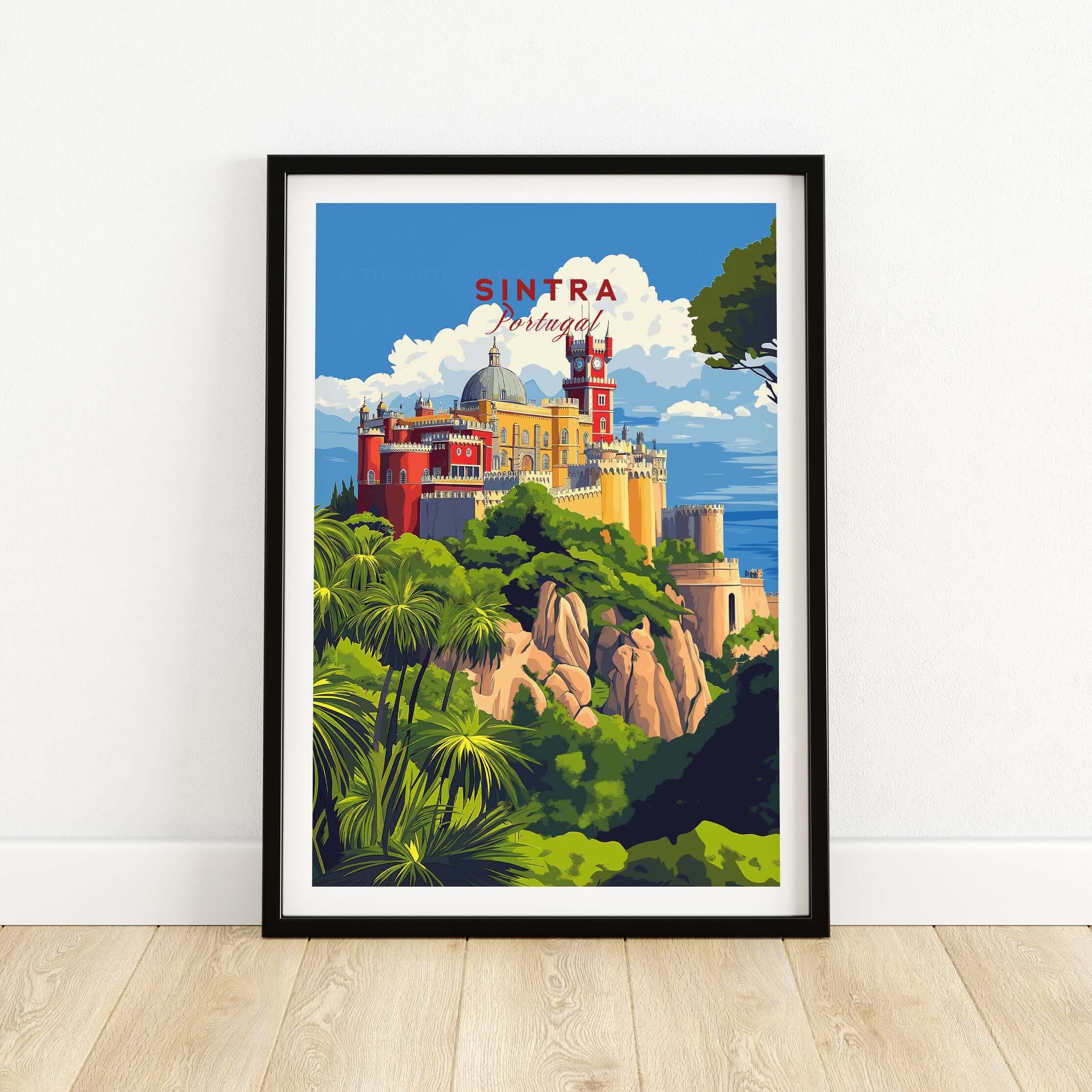 Sintra Poster | Portugal Print Pena Palace framed art print of Pena Palace with vibrant colors and lush greenery.