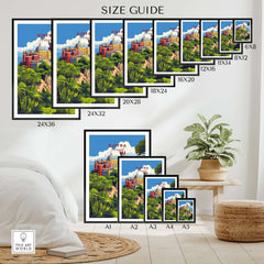 Sintra Poster | Portugal Print Pena Palace size guide showcasing various frame sizes and dimensions.