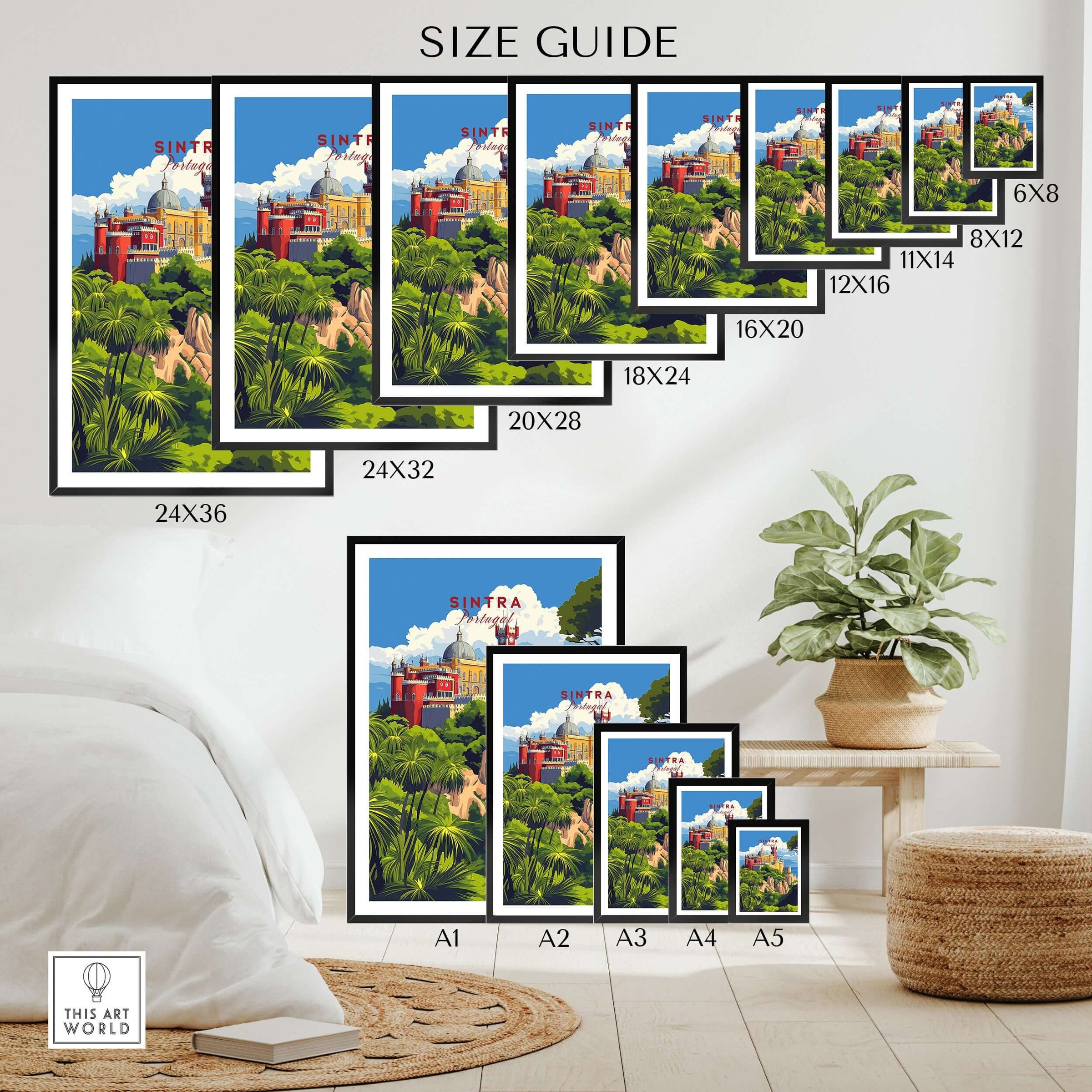 Sintra Poster | Portugal Print Pena Palace size guide showcasing various frame sizes and dimensions.