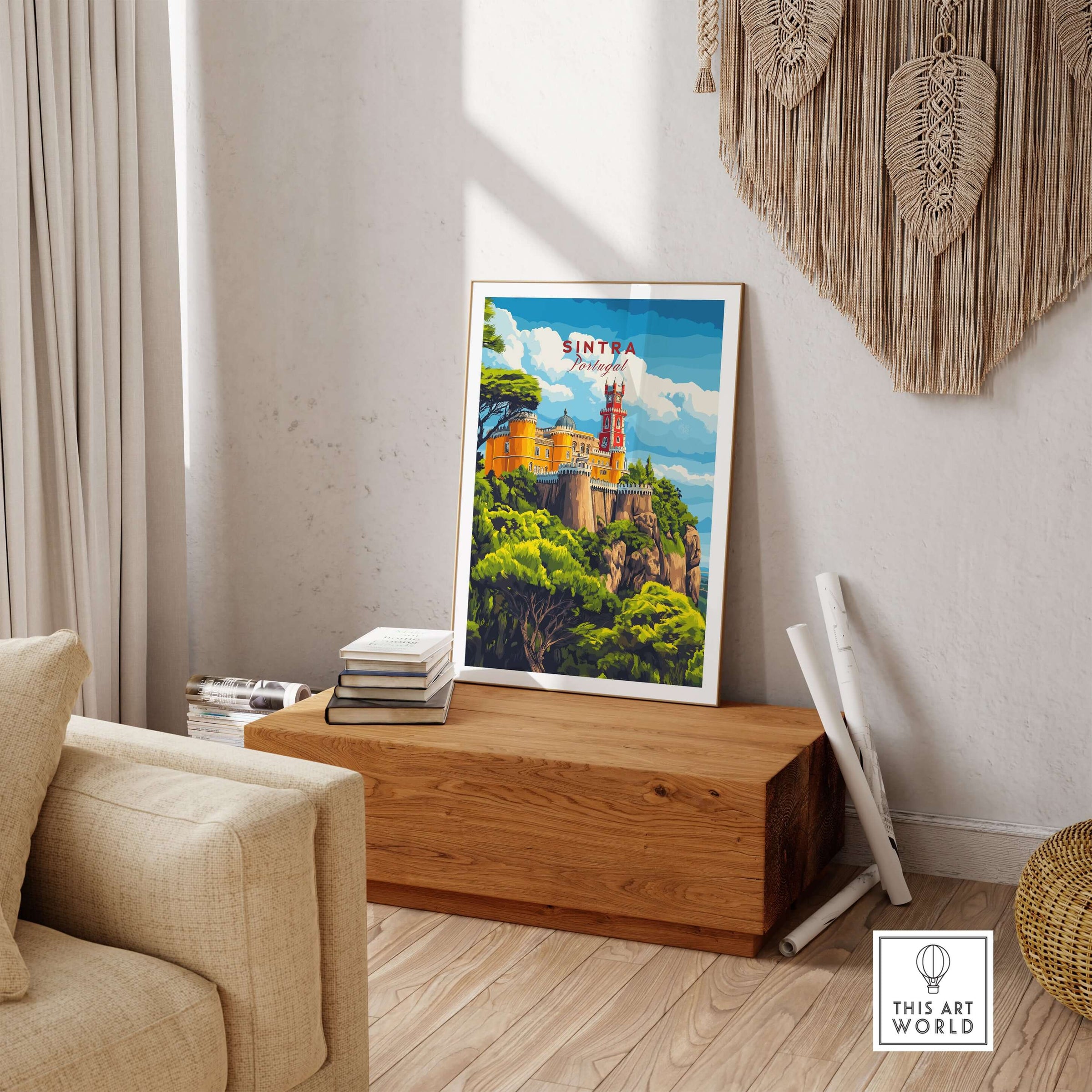 Sintra Print | Portugal Travel Wall Decor displayed in a cozy living room, featuring vibrant colors and stunning scenery.