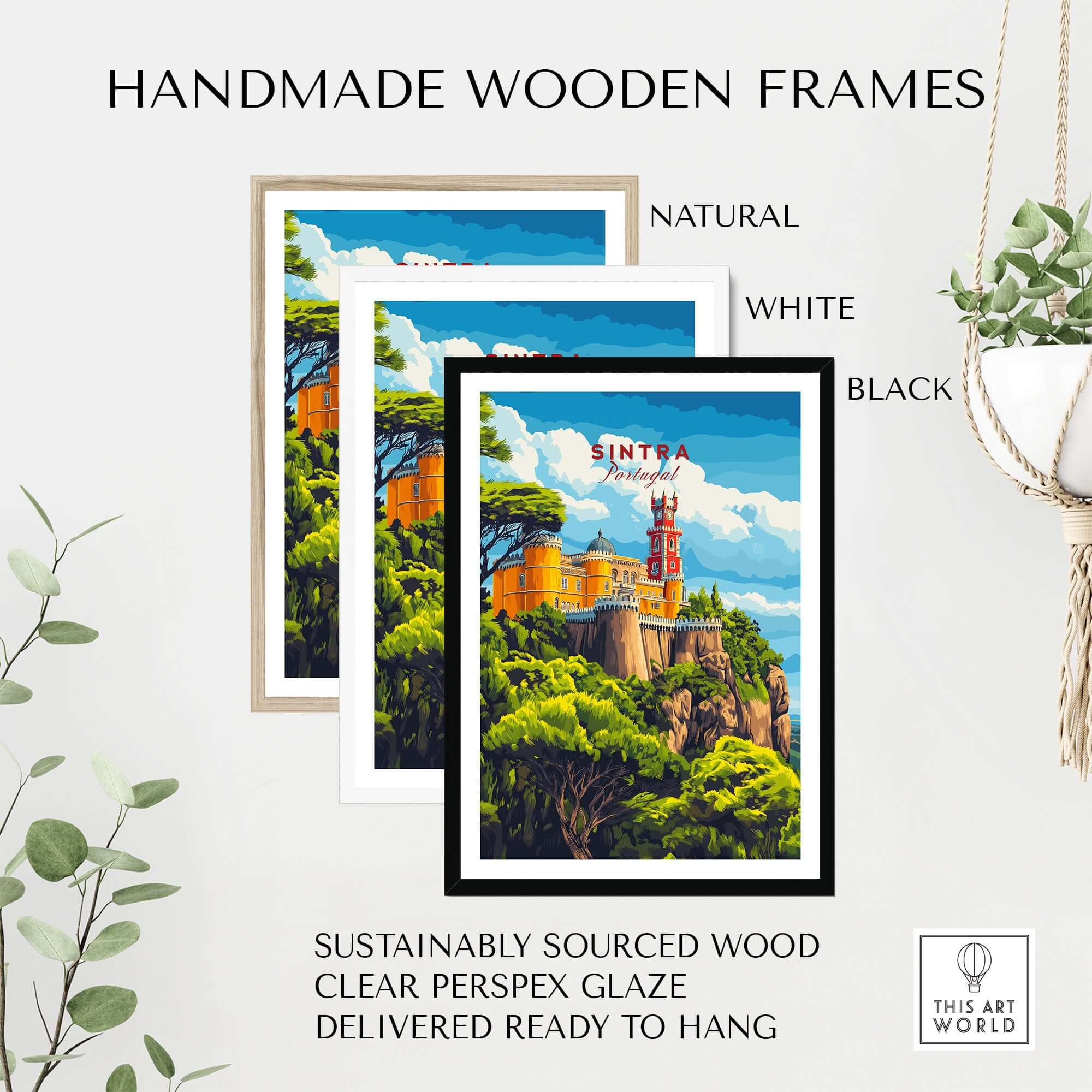 Handmade wooden frames for Sintra Print | Portugal Travel Wall Decor in natural, white, and black options.