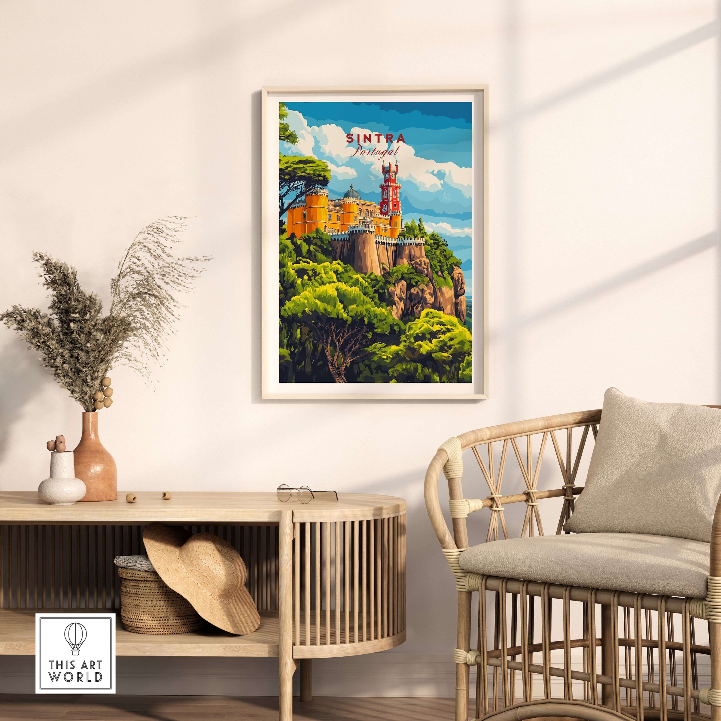 Sintra Print | Portugal Travel Wall Decor showcasing vibrant palaces and lush landscapes in a cozy home setting.