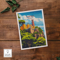 Sintra Print | Portugal Travel Wall Decor featuring Sintra's mystical palaces and lush landscapes on a wooden background.