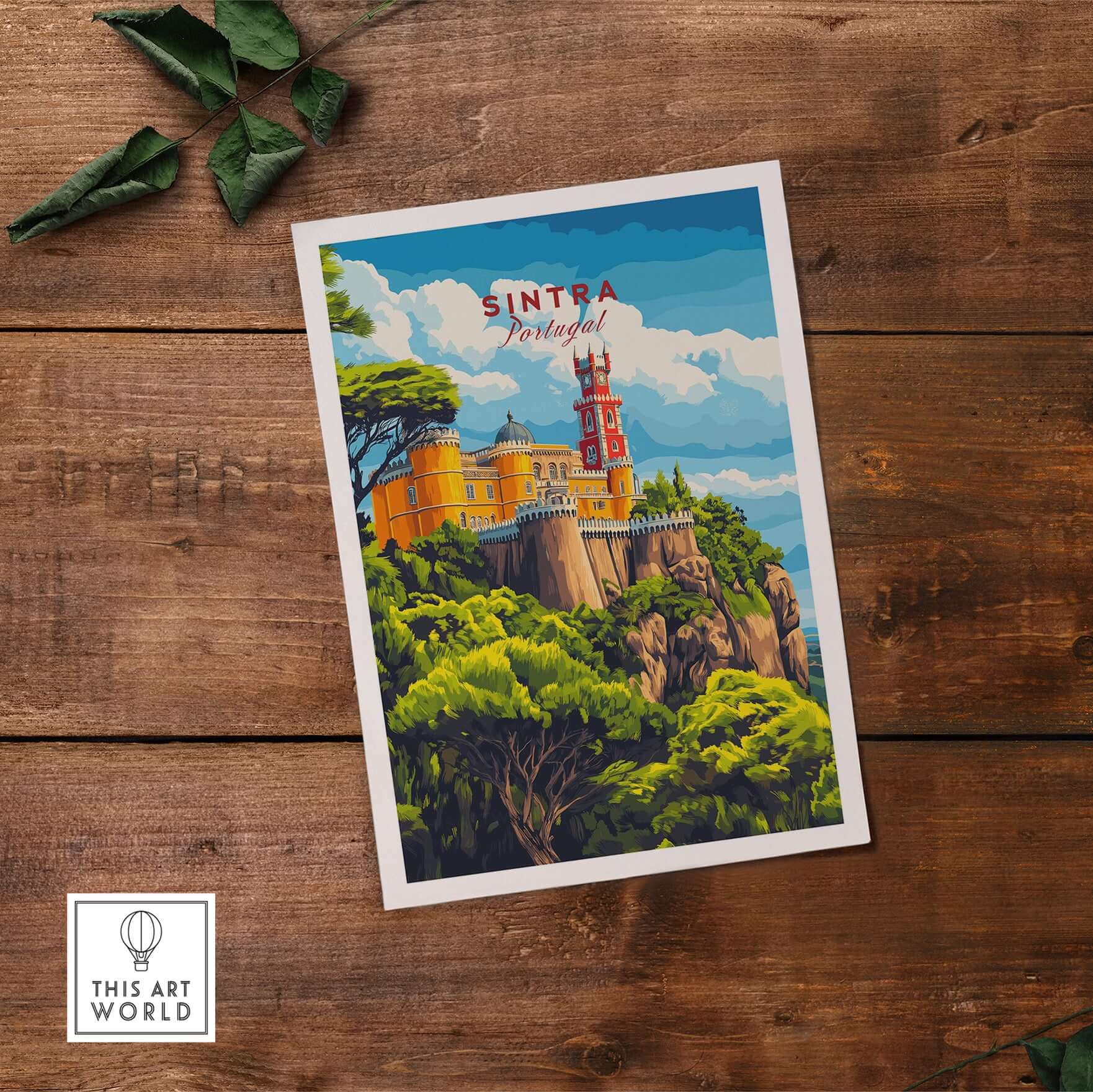 Sintra Print | Portugal Travel Wall Decor featuring Sintra's mystical palaces and lush landscapes on a wooden background.