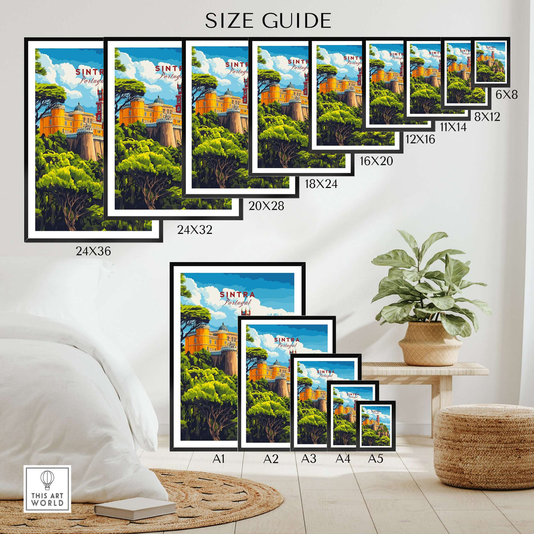 Sintra Print | Portugal Travel Wall Decor size guide with various framing options showcased in a modern living room.