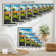 Sintra Print | Portugal Travel Wall Decor size guide showcasing various print dimensions and framing options.