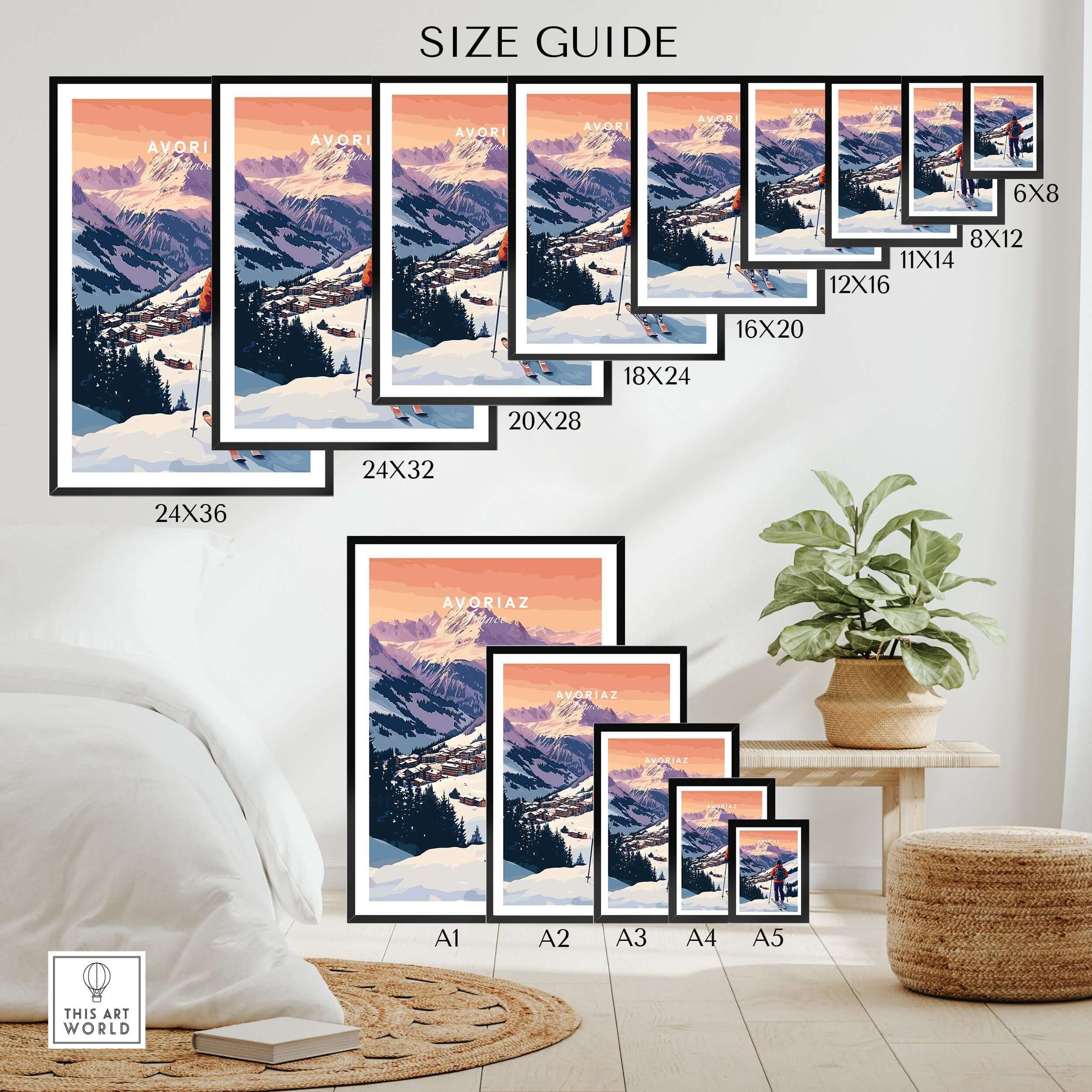 Avoriaz French Ski Poster | Skiing Wall Art size guide with various frame dimensions displayed in a stylish interior.
